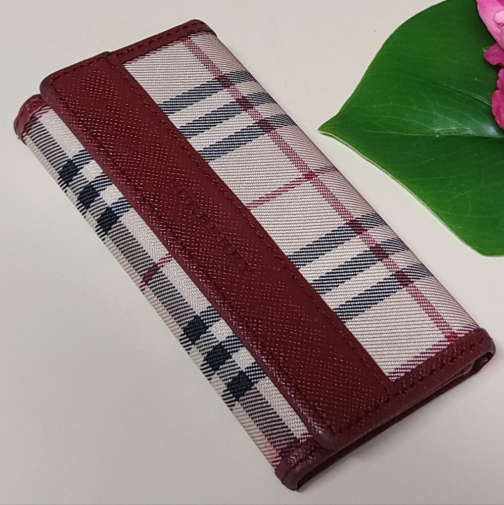 Burberry🔥 Bordeaux Leather and Classic Nova Check Canvas Keyholder Wallet